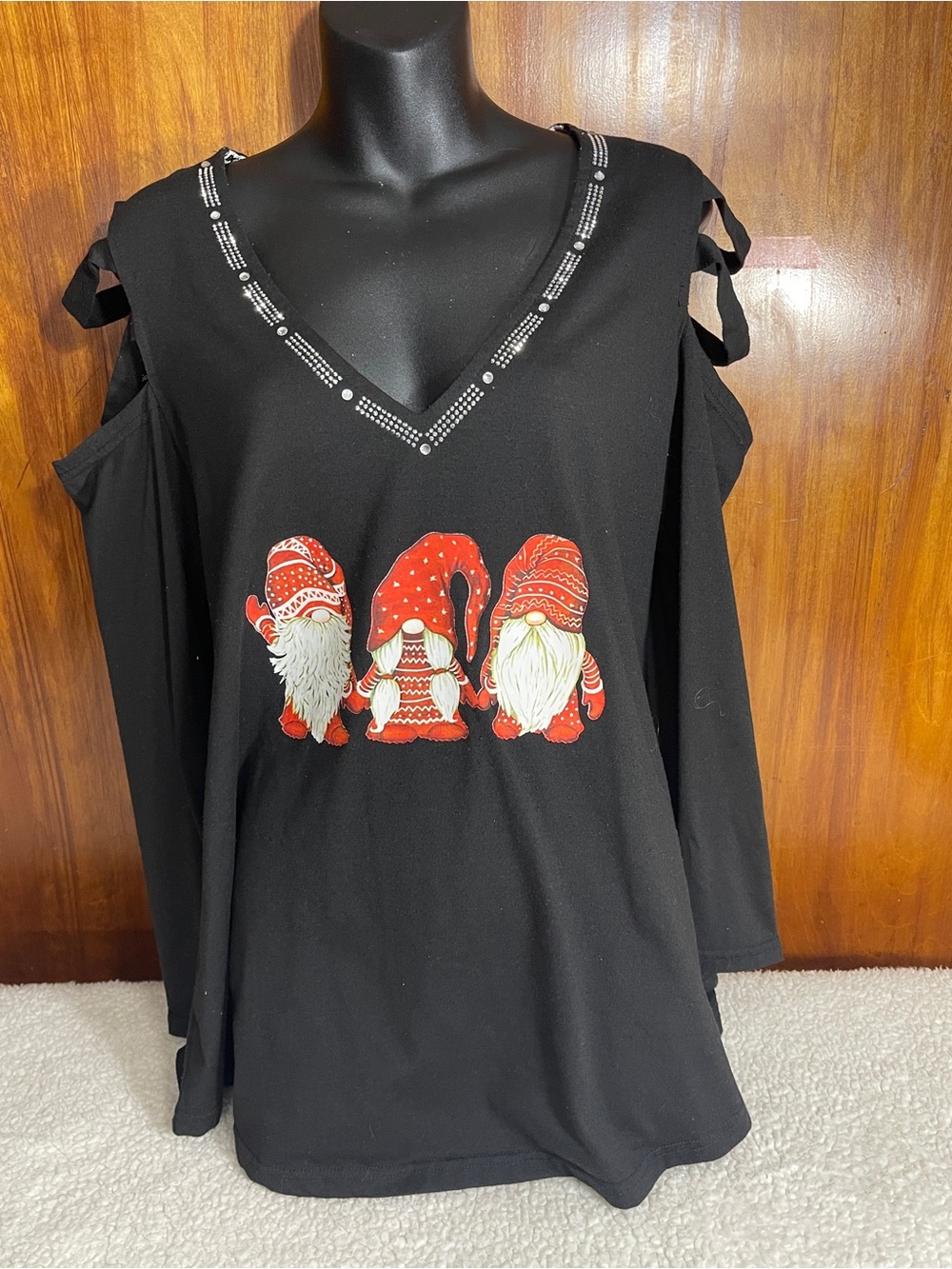 Black Cold-Shoulder Gnome Graphic Top with Studded V-Neck